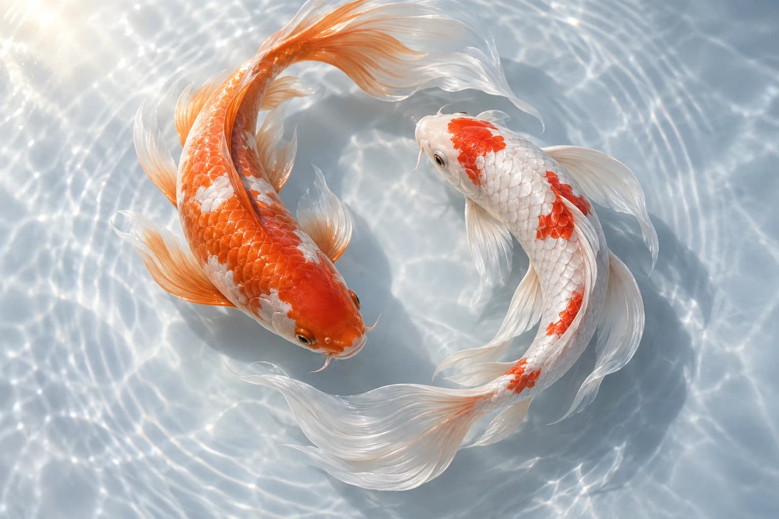 Deux koïs sculpturaux, orange et porcelaine, nagent en harmonie dans une eau bleu clair.